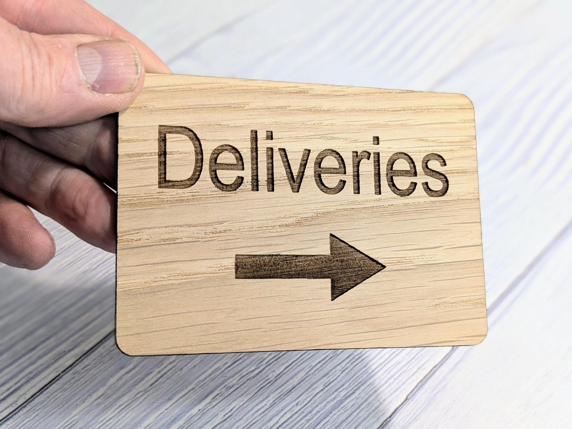 Wooden "Deliveries" Sign with Optional Arrow | Engraved Oak | For Businesses, Offices, Schools, Hotels | 4 Sizes | Personalised Text Option - CherryGroveCraft