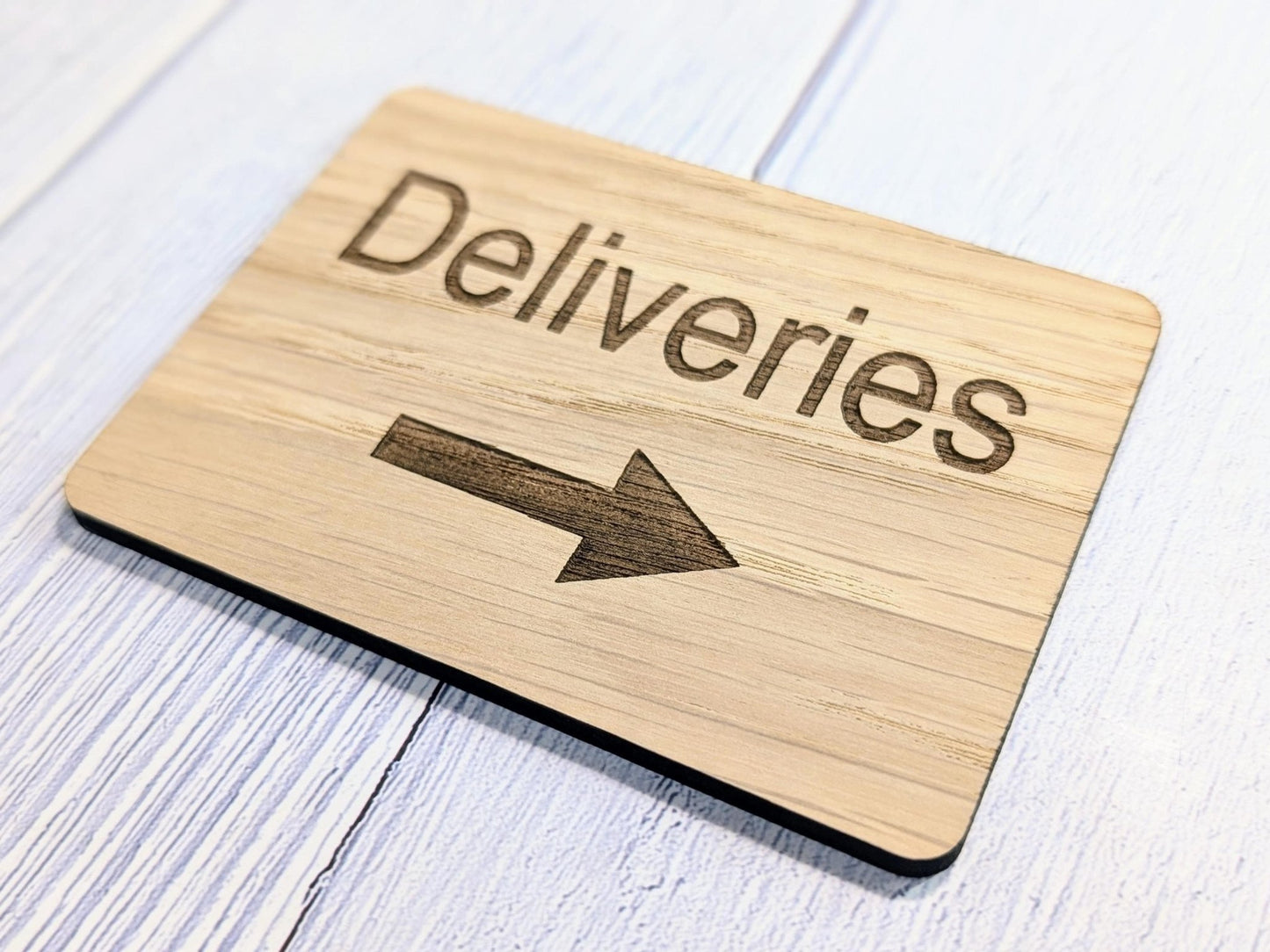 Wooden "Deliveries" Sign with Optional Arrow | Engraved Oak | For Businesses, Offices, Schools, Hotels | 4 Sizes | Personalised Text Option - CherryGroveCraft