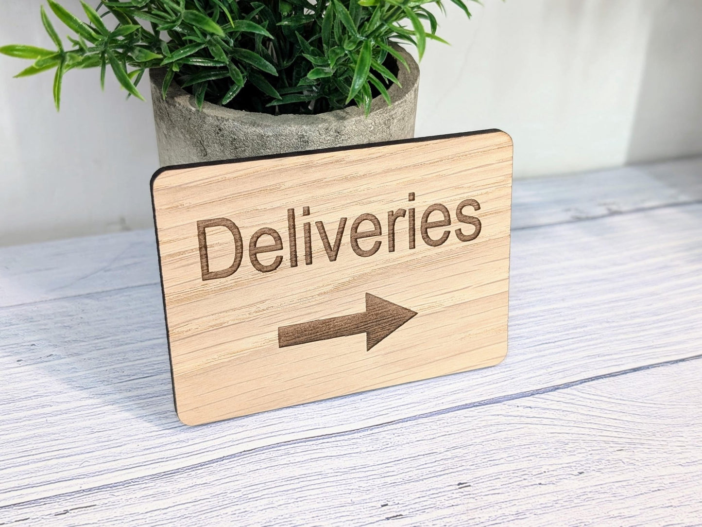 Wooden "Deliveries" Sign with Optional Arrow | Engraved Oak | For Businesses, Offices, Schools, Hotels | 4 Sizes | Personalised Text Option - CherryGroveCraft