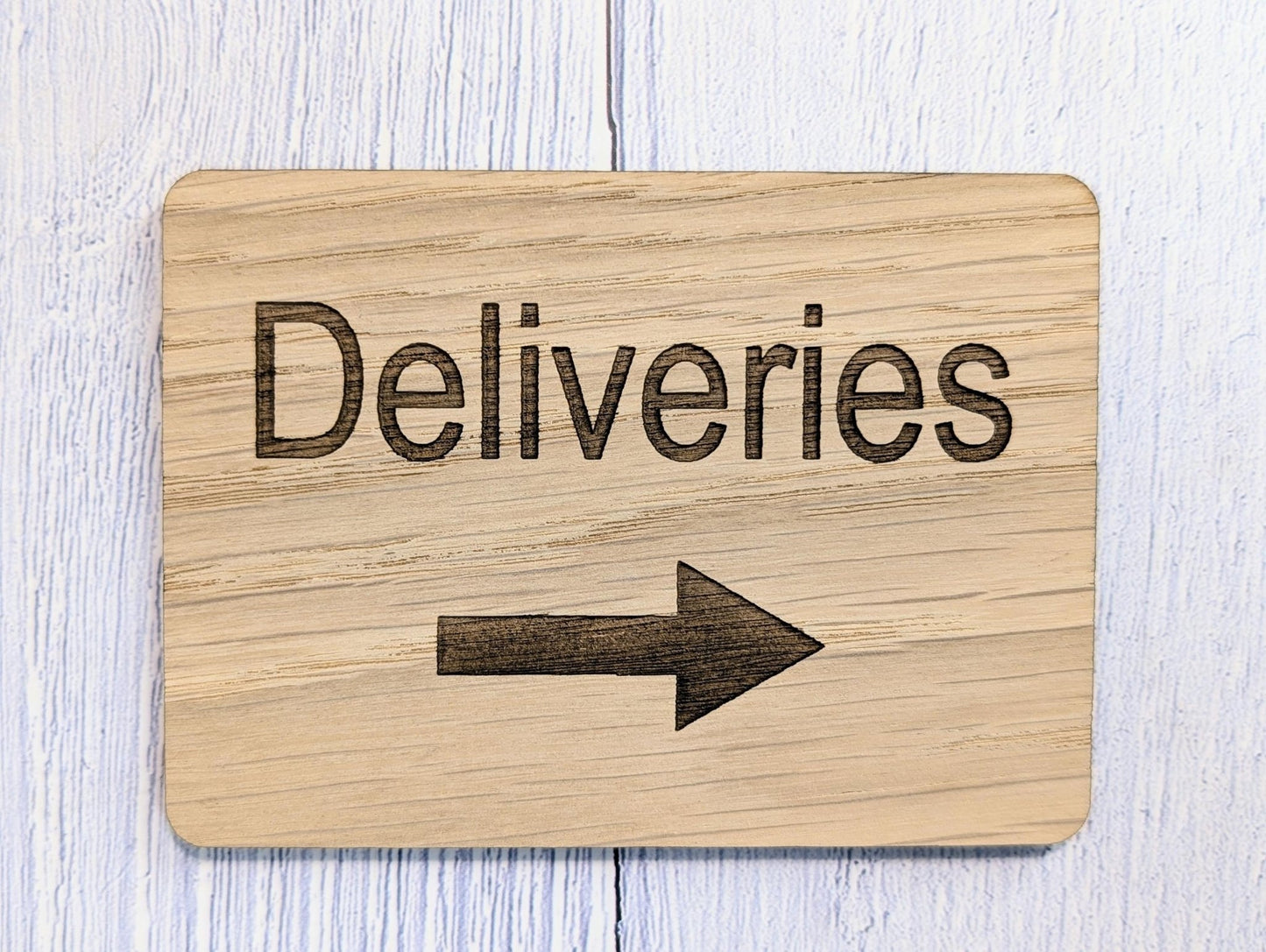 Wooden "Deliveries" Sign with Optional Arrow | Engraved Oak | For Businesses, Offices, Schools, Hotels | 4 Sizes | Personalised Text Option - CherryGroveCraft