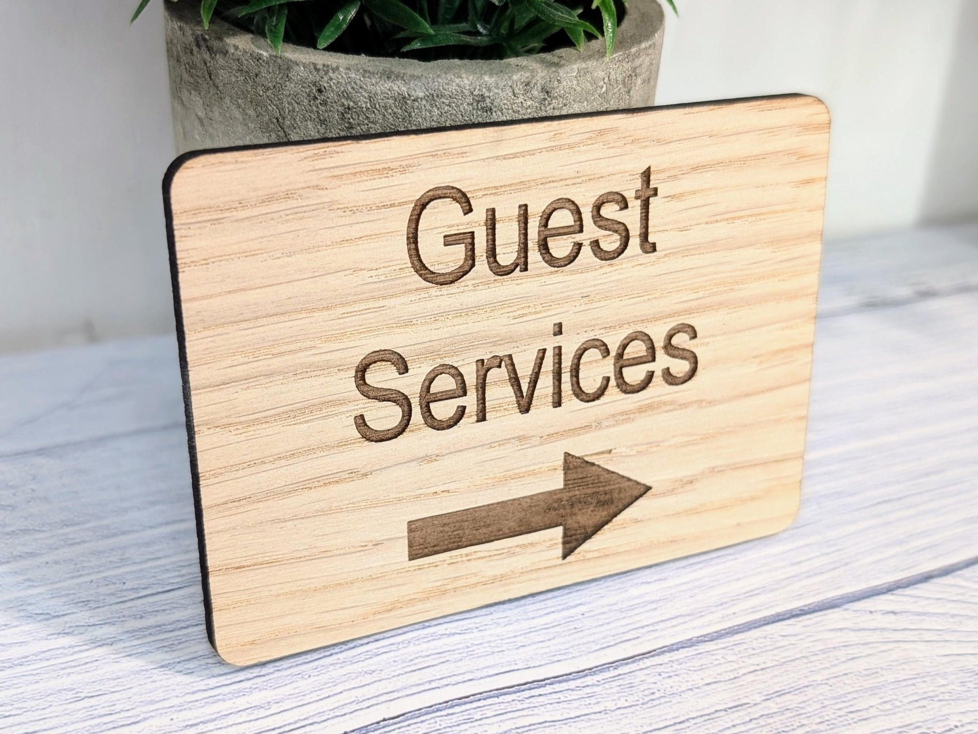 Wooden "Guest Services" Sign with Optional Arrow | Engraved Oak | For Hotels & Businesses | 4 Sizes | Personalised Text Available - CherryGroveCraft