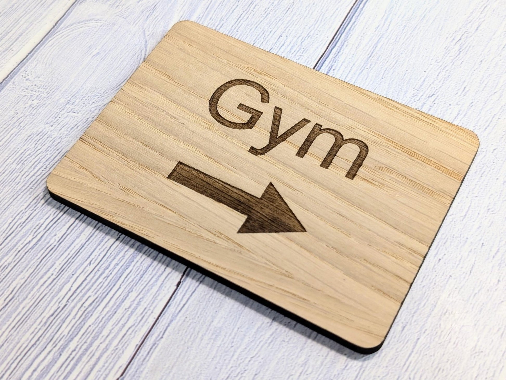 Wooden "Gym" Sign with Optional Arrow | Engraved Oak | For Home, Hotels, Fitness Clubs, Hospitality | 4 Sizes | Personalised Text Option - CherryGroveCraft