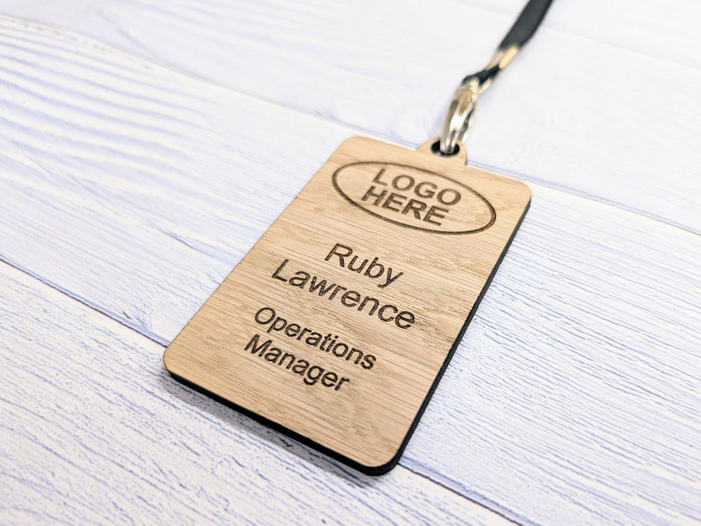 Wooden Name Badges with Lanyards, Personalised Oak Veneer Eco Staff Name Badges on Lanyards - Bulk Discounts, Staff Tags, Add Your Logo - CherryGroveCraft