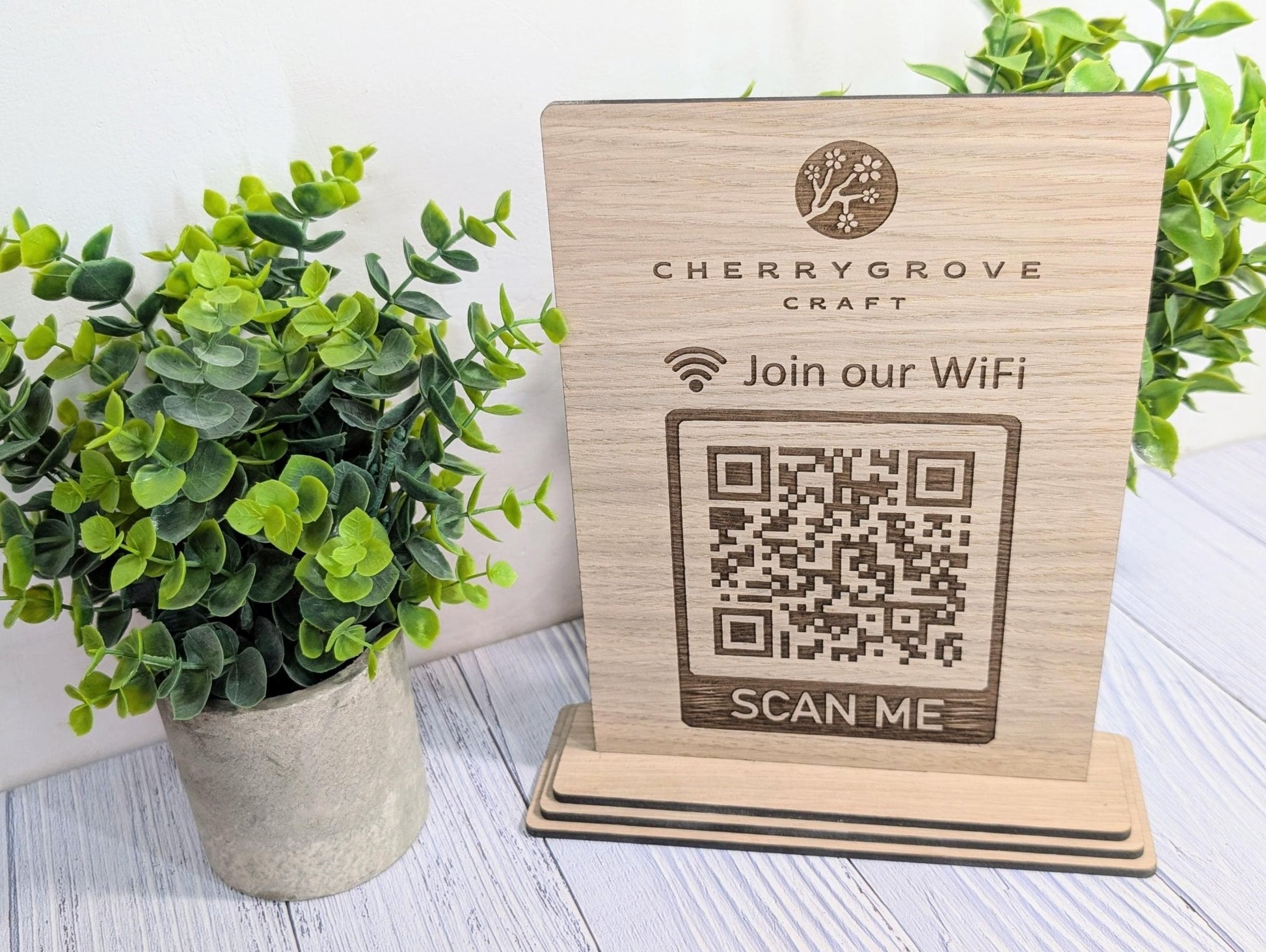 Wooden WiFi QR Code Extra Large Sign with Logo, Eco - Friendly Custom Network Name and Password Branded Table XL Display, Single Double - Sided - CherryGroveCraft