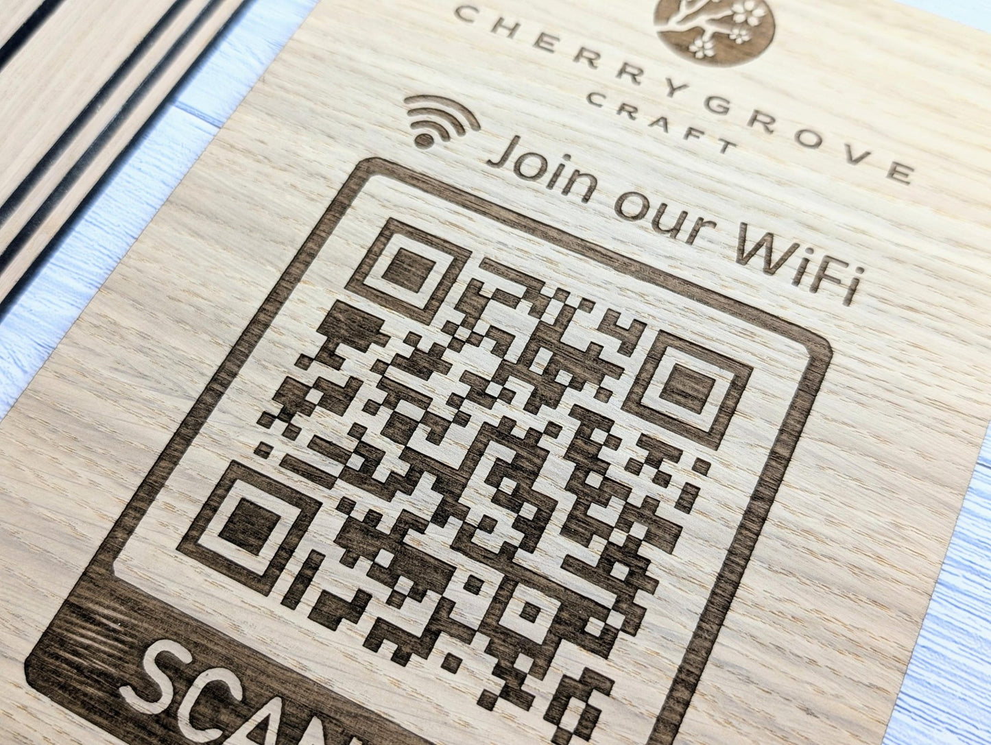 Wooden WiFi QR Code Extra Large Sign with Logo, Eco - Friendly Custom Network Name and Password Branded Table XL Display, Single Double - Sided - CherryGroveCraft