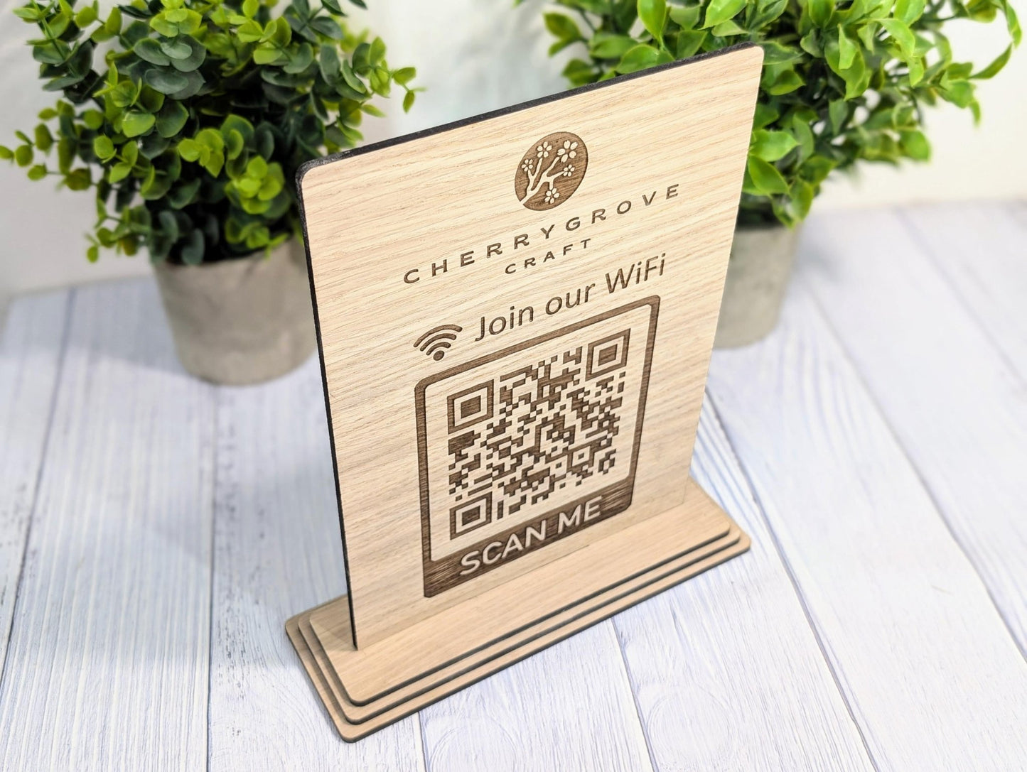 Wooden WiFi QR Code Extra Large Sign with Logo, Eco - Friendly Custom Network Name and Password Branded Table XL Display, Single Double - Sided - CherryGroveCraft