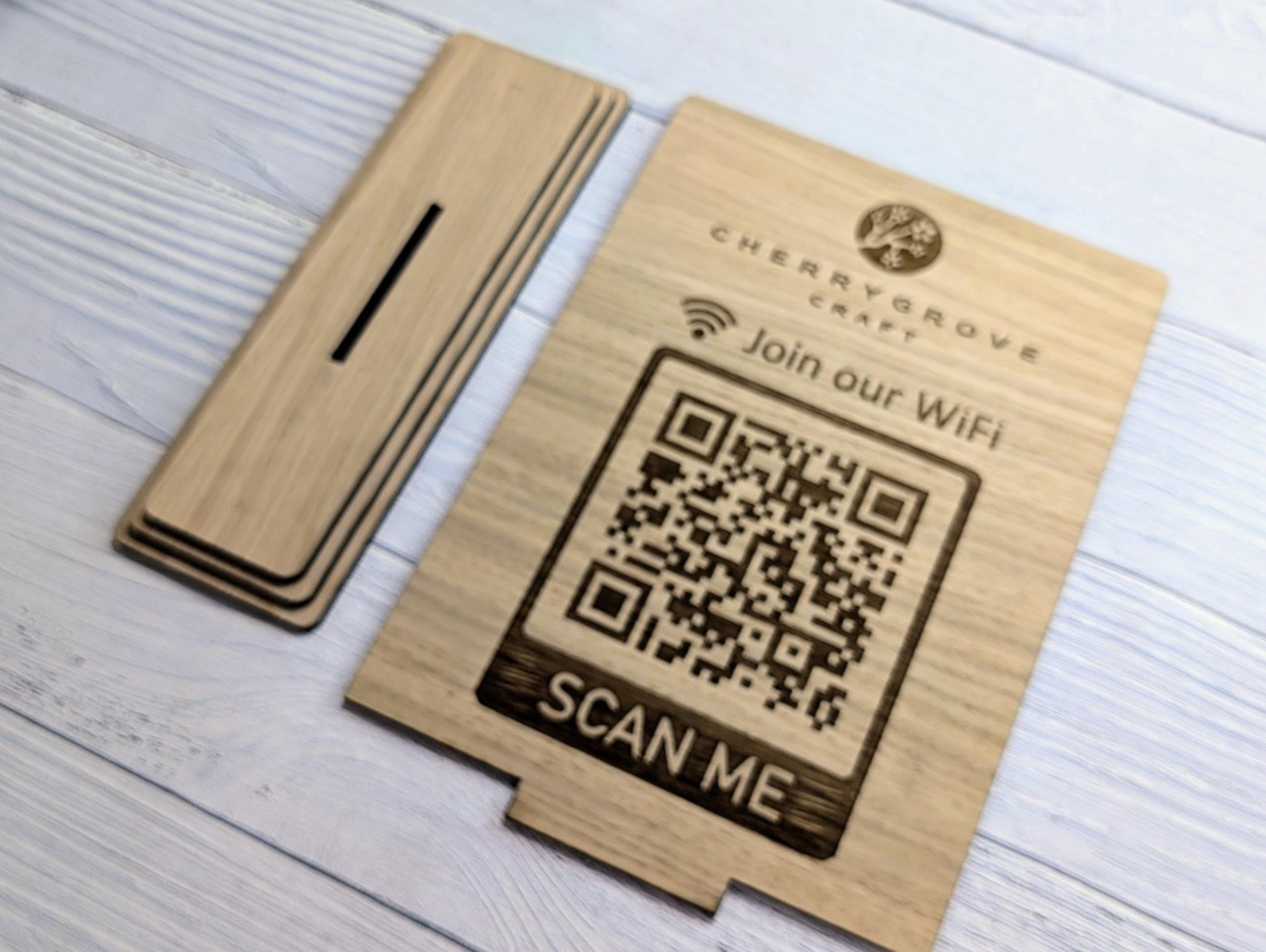 Wooden WiFi QR Code Extra Large Sign with Logo, Eco - Friendly Custom Network Name and Password Branded Table XL Display, Single Double - Sided - CherryGroveCraft