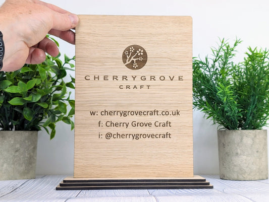 XL Custom Wooden Business Table Sign with Logo, Website & Social Media Handles - CherryGroveCraft