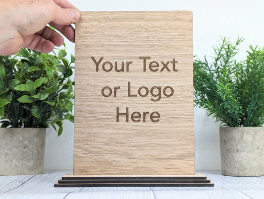 XL Personalised Wooden Table Signs - Custom Text & Logo, Freestanding with Removable Base - CherryGroveCraft