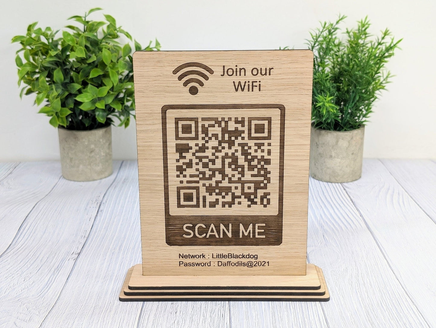 XL Wooden WiFi QR Code Sign, Eco-Friendly Custom Network Name and Password Table Display, Single or Double-Sided, Extra Large - CherryGroveCraft