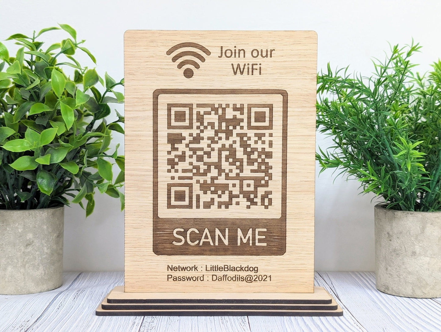 XL Wooden WiFi QR Code Sign, Eco-Friendly Custom Network Name and Password Table Display, Single or Double-Sided, Extra Large - CherryGroveCraft