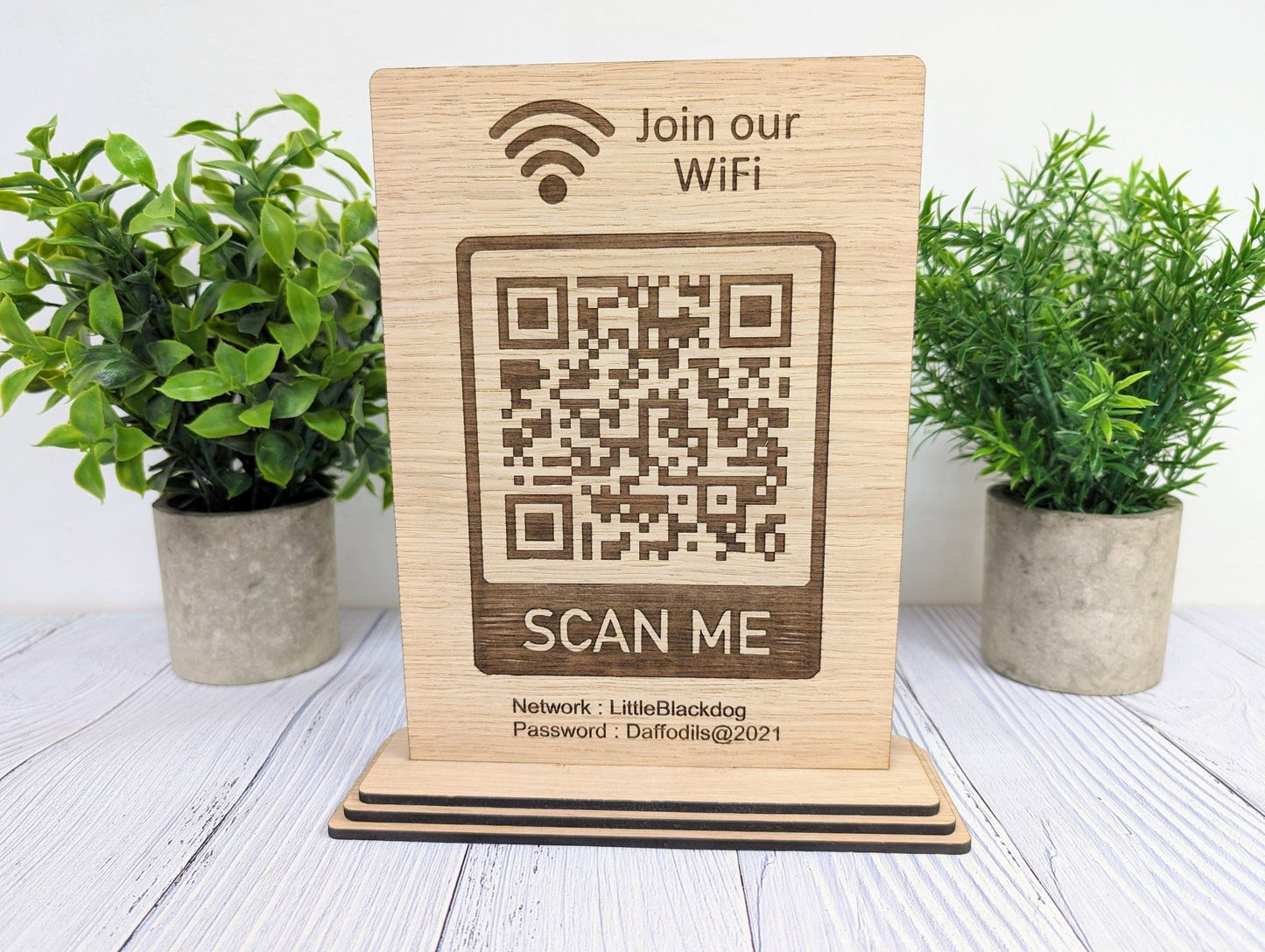 XL Wooden WiFi QR Code Sign, Eco-Friendly Custom Network Name and Password Table Display, Single or Double-Sided, Extra Large - CherryGroveCraft