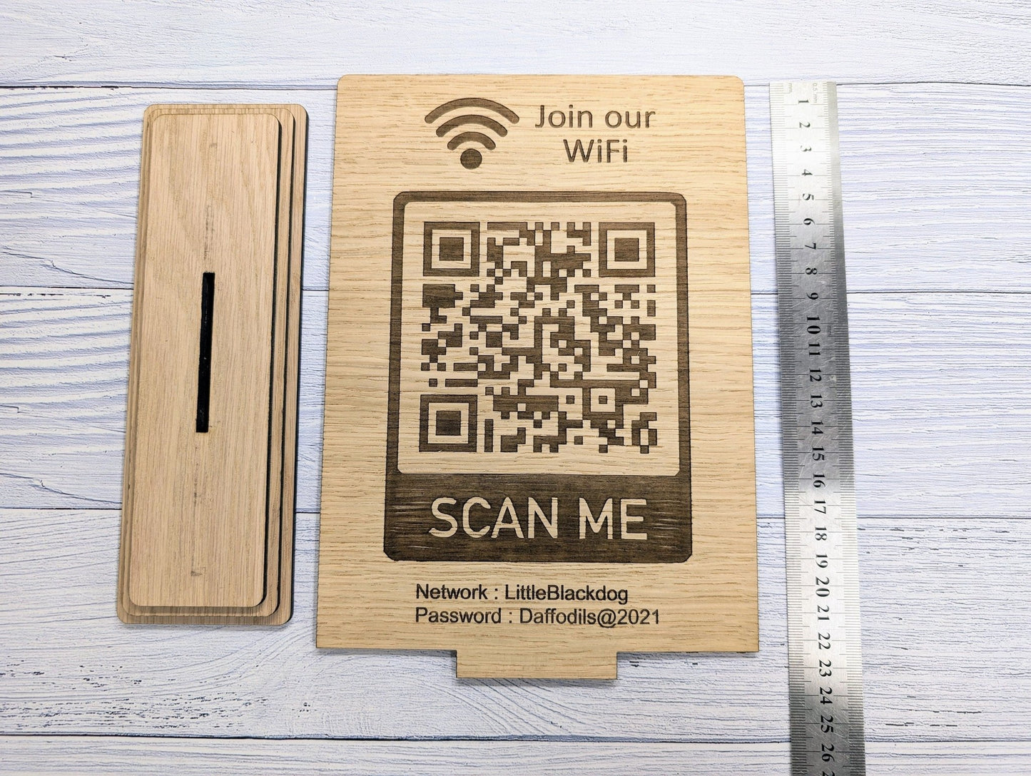 XL Wooden WiFi QR Code Sign, Eco-Friendly Custom Network Name and Password Table Display, Single or Double-Sided, Extra Large - CherryGroveCraft