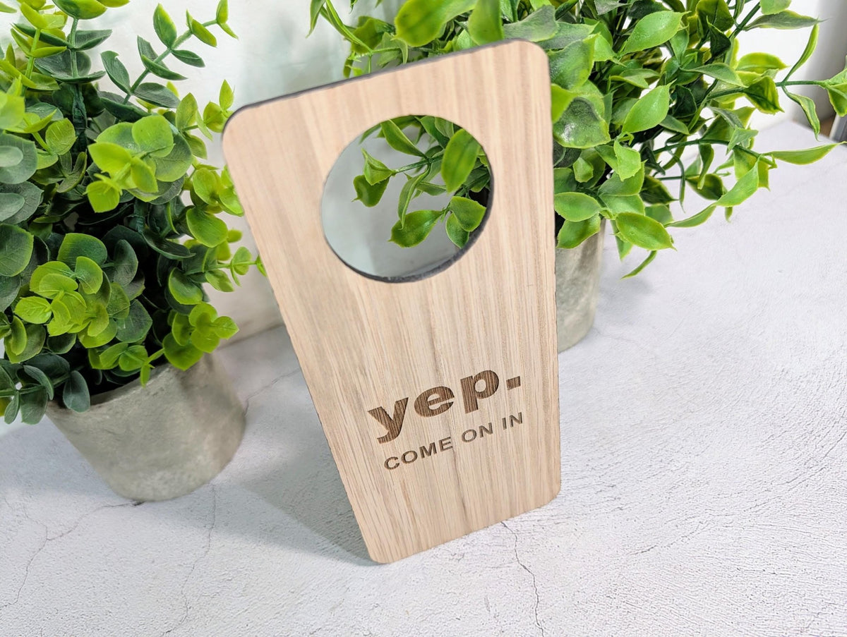 Yep / Nope door hanger for home office, bedroom or student room — oak