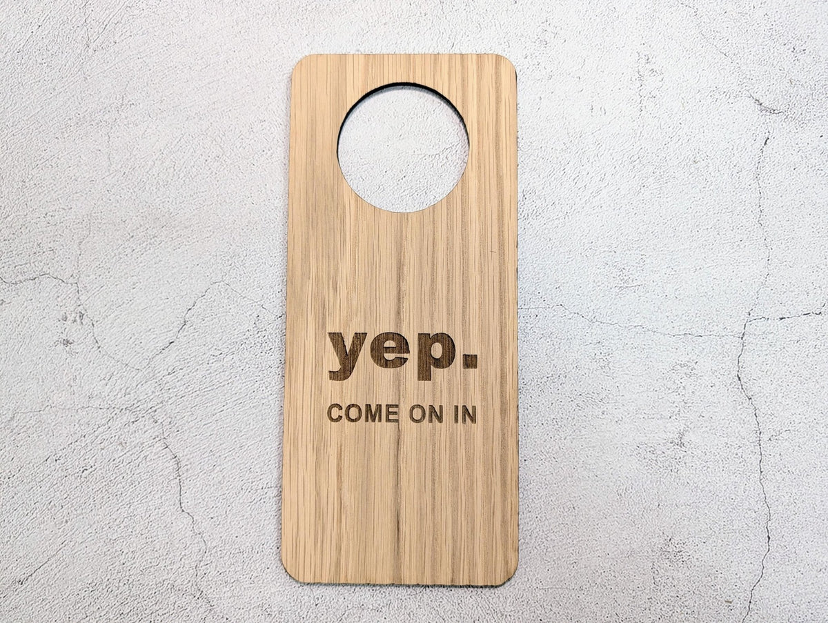 Yep / Nope oak door hanger — personalised wording option