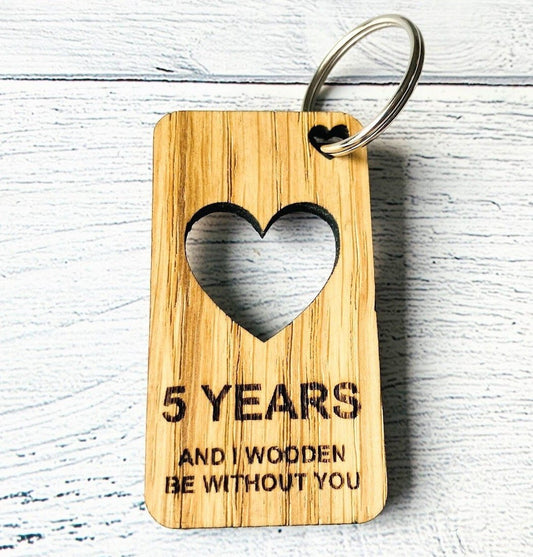 5 Year Anniversary Keyrings | Engraved Wooden Heart Keyring | Fifth Anniversary Gift | Quirky Love Keyring | Oak Wood | Bulk - CherryGroveCraft