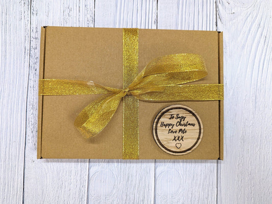 60mm Oak Veneered Christmas Gift Tag: Personalised 'Happy Christmas' Message - Ideal for Festive Presents - CherryGroveCraft