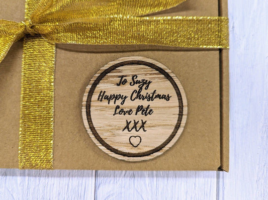 60mm Oak Veneered Christmas Gift Tag: Personalised 'Happy Christmas' Message - Ideal for Festive Presents - CherryGroveCraft