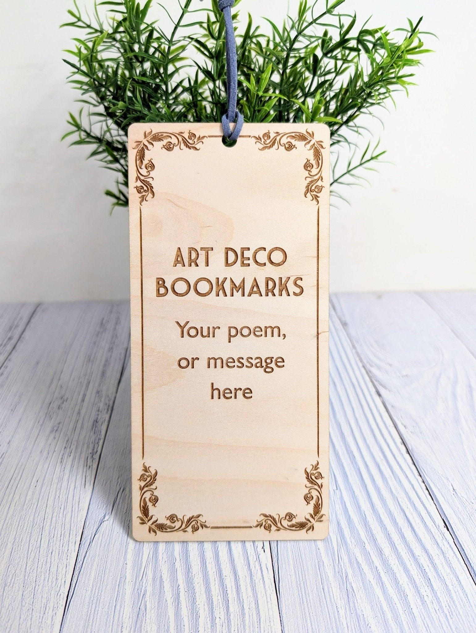 Art Deco-Inspired Wooden Personalised Bookmark | Custom Poem or Message | Vegan Suede Loop | Eco-Friendly Birch | Handcrafted in Wales - CherryGroveCraft