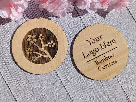 Bamboo Personalised Coasters - Bamboo Coasters with Logo - Sustainable Business Promotional Items, Branded Coasters - CherryGroveCraft