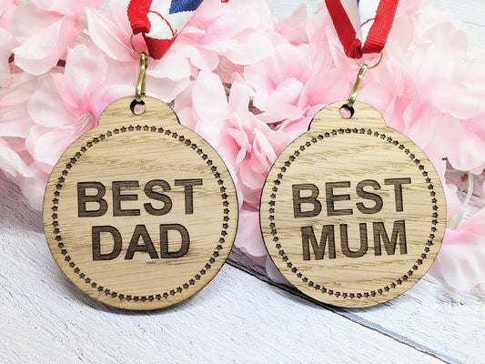 Best Mum & Best Dad Medals - Personalised Oak Veneer Awards, Perfect Family Gift - Crafted in Wales - CherryGroveCraft