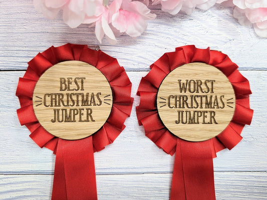 Best & Worst Christmas Jumper Wooden Rosettes - Custom Award Ribbons, Set Option - CherryGroveCraft