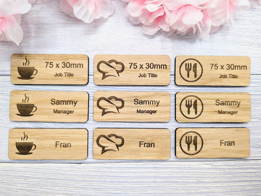 Custom Cafe & Restaurant Name Badges - 75x30mm, Eco Oak MDF, Chef/Coffee Graphics, Magnet/Pin, Personalized Staff Tags - CherryGroveCraft