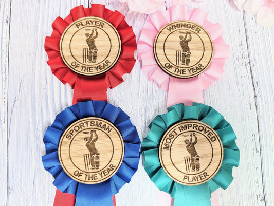 Custom Cricket Rosettes - Personalised Cricket Awards | Choice of Colours, Eco-Friendly, Handcrafted, Fun & Serious Titles - CherryGroveCraft