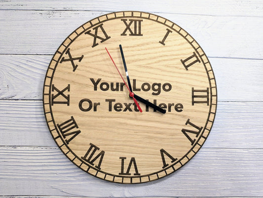 Custom Engraved Wooden Wall Clock - Personalised Text & Logo - 30cm - CherryGroveCraft