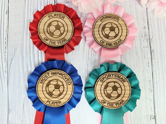 Custom Football Rosettes - Personalised Soccer Awards | Choice of Colours, Eco-Friendly, Handcrafted, Fun & Serious Titles - CherryGroveCraft