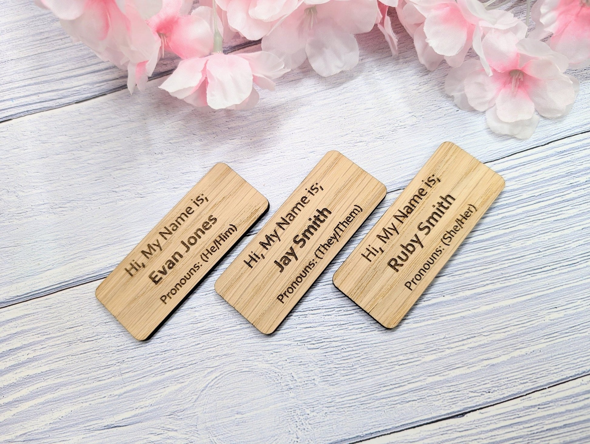 Custom Pronoun Oak Name Badges - Inclusive & Personal, Pin/Magnet | Eco-Friendly, 75x30mm, He/She/They - Respectful Workplace Accessory - CherryGroveCraft