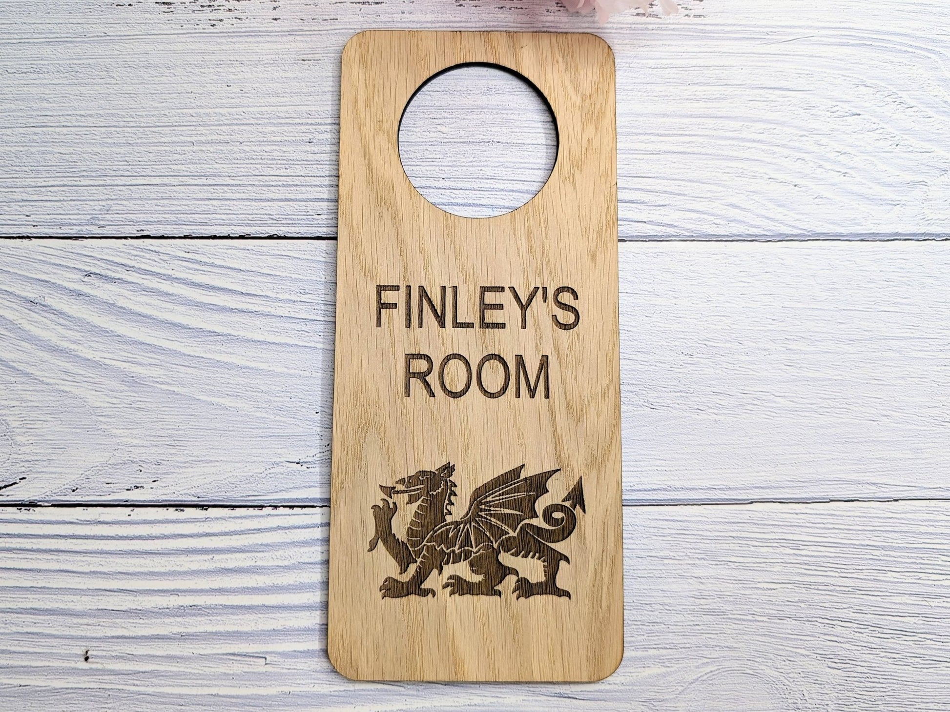 Custom Welsh Dragon Children's Room Sign - Personalised Oak Veneer Door Hanger - CherryGroveCraft