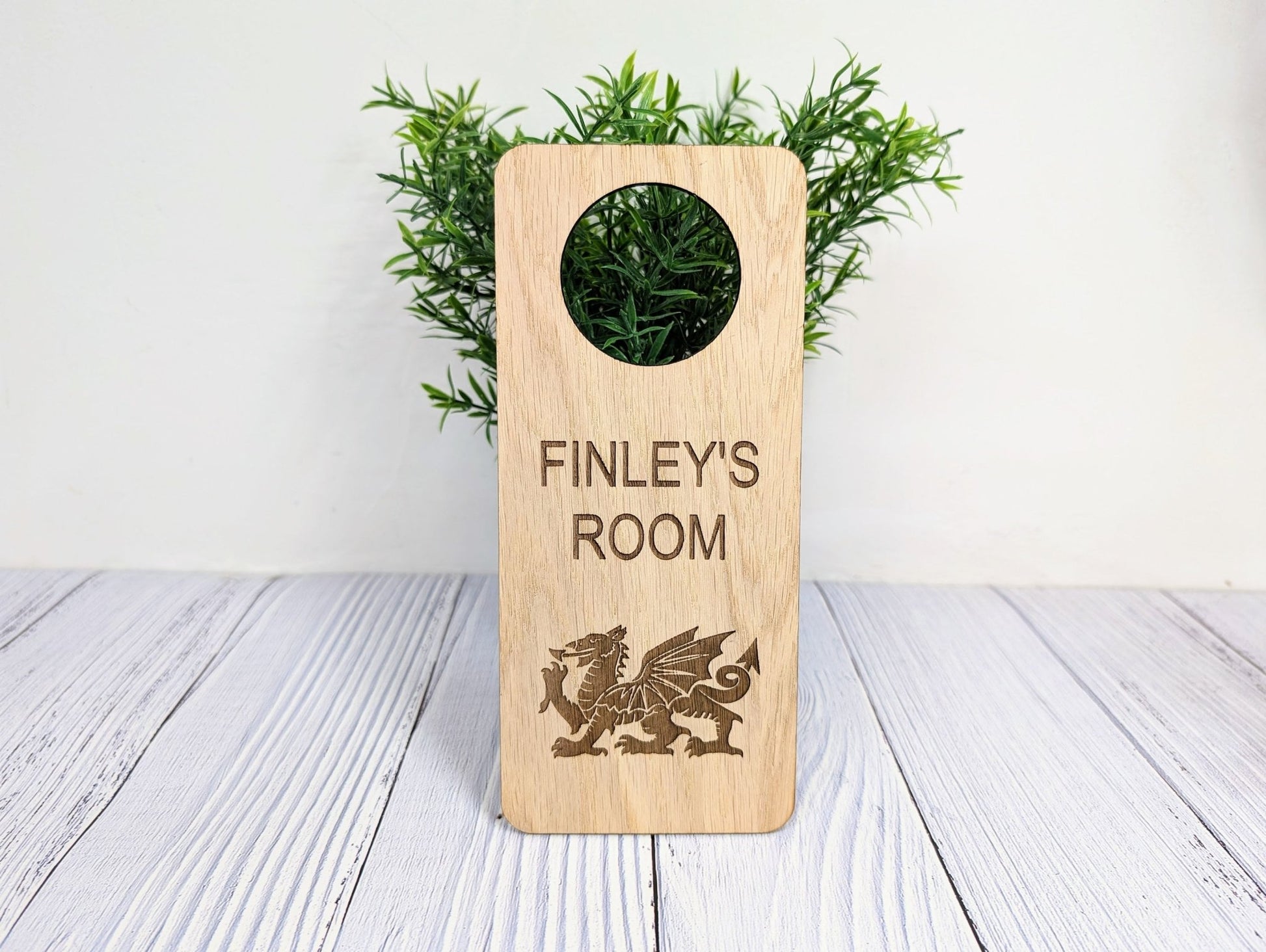Custom Welsh Dragon Children's Room Sign - Personalised Oak Veneer Door Hanger - CherryGroveCraft