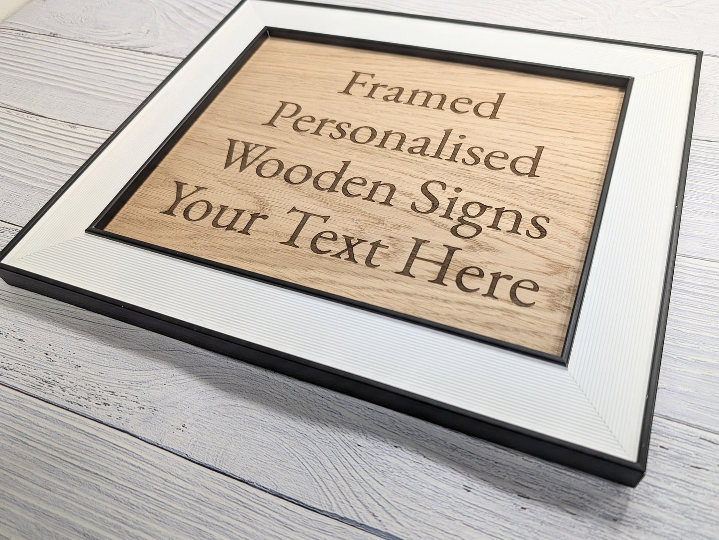 Customisable Wooden Sign in Monochrome Frame - Personalised Oak Plaque | 253x202mm, Versatile Wall/Table Decor, Handcrafted - CherryGroveCraft