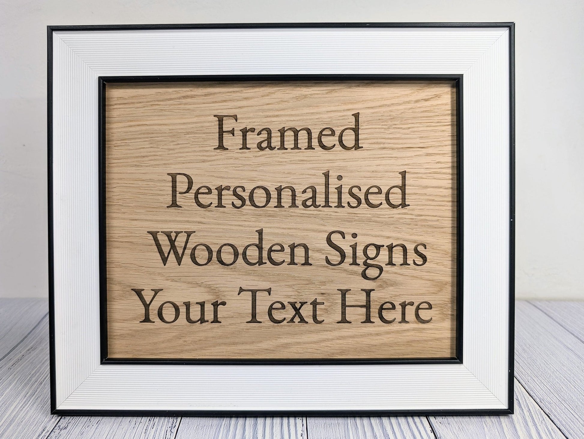 Customisable Wooden Sign in Monochrome Frame - Personalised Oak Plaque | 253x202mm, Versatile Wall/Table Decor, Handcrafted - CherryGroveCraft