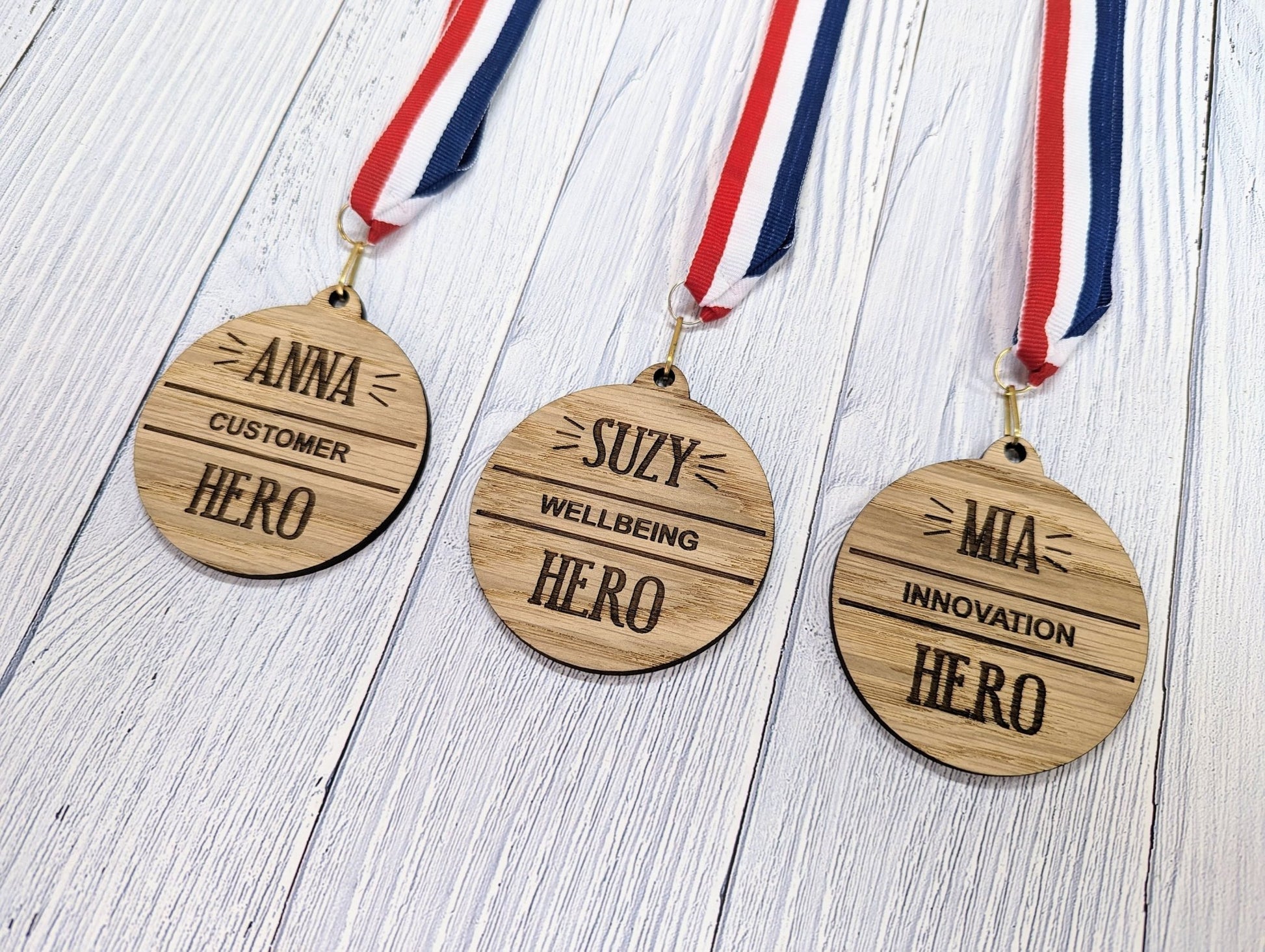 Employee Excellence Wooden Hero Medals: Personalised Recognition & Wellbeing Awards with Tri-Coloured Ribbon - CherryGroveCraft