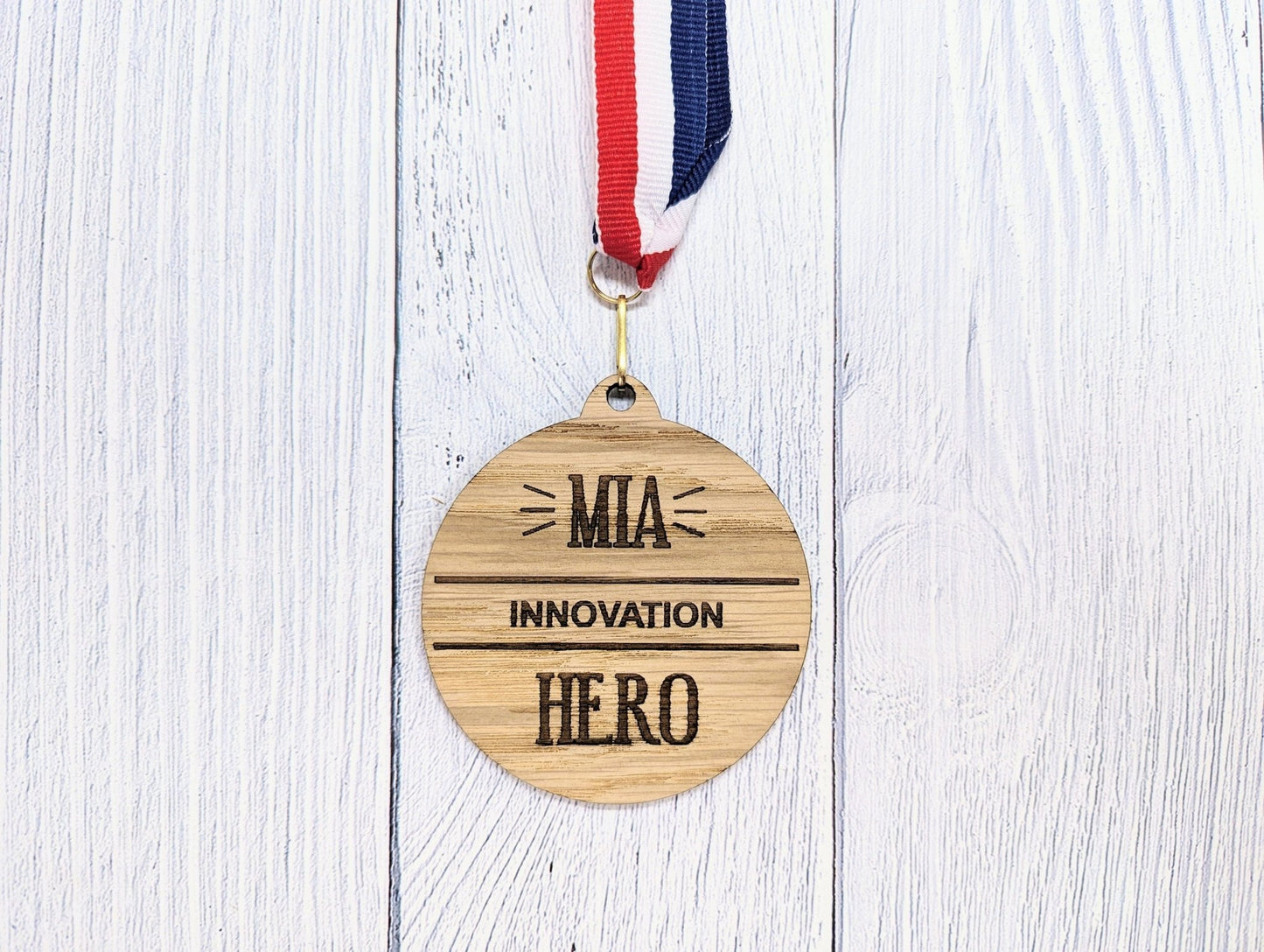 Employee Excellence Wooden Hero Medals: Personalised Recognition & Wellbeing Awards with Tri-Coloured Ribbon - CherryGroveCraft