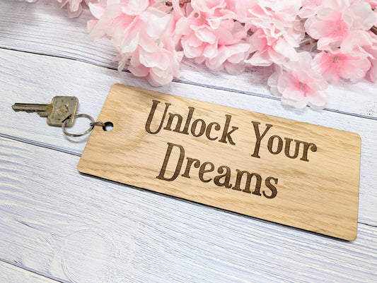 Extra-Large 200x80mm "Unlock Your Dreams" Wooden Keyring – Inspirational Oak Veneer Key Accessory for Dreamers - CherryGroveCraft