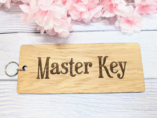 Extra-Large 200x80mm Wooden Keyring with 'Master Key' Message - CherryGroveCraft