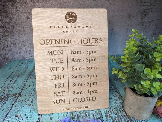 Extra Large Personalised &quot;Opening Hours&quot; Wooden Sign | Free Design Service | Bulk | Oak - CherryGroveCraft
