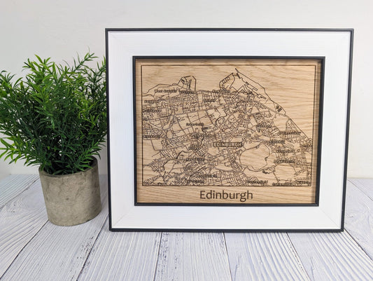 Framed Wooden Edinburgh Map - Oak Cityscape Art, Table/Wall Decor | 253x202mm, Monochrome Frame, Scottish Capital - CherryGroveCraft