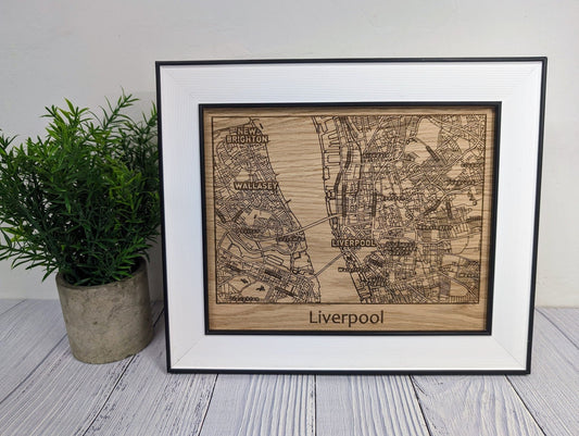 Framed Wooden Liverpool Map - Oak City Map with Wirral, Wallasey & New Brighton | 253x202mm, Table or Wall Mount, Monochrome Frame - CherryGroveCraft
