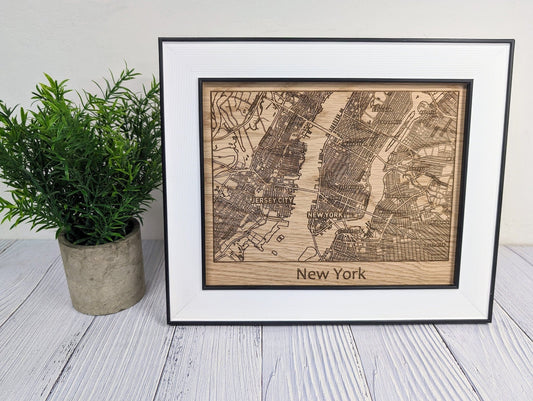 Framed Wooden New York City Map - Oak NYC Wall Art, Table Display | 253x202mm, Monochrome Frame, Iconic Cityscape Detail - CherryGroveCraft