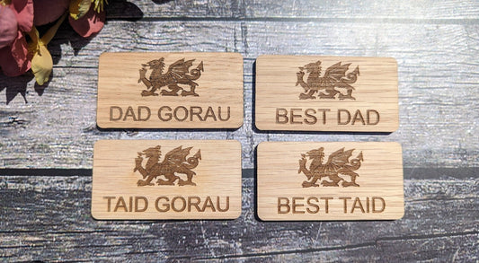 Fun Welsh Wooden Name Badges | Best Dad, Best Taid, Dad Gorau, Taid Gorau - CherryGroveCraft