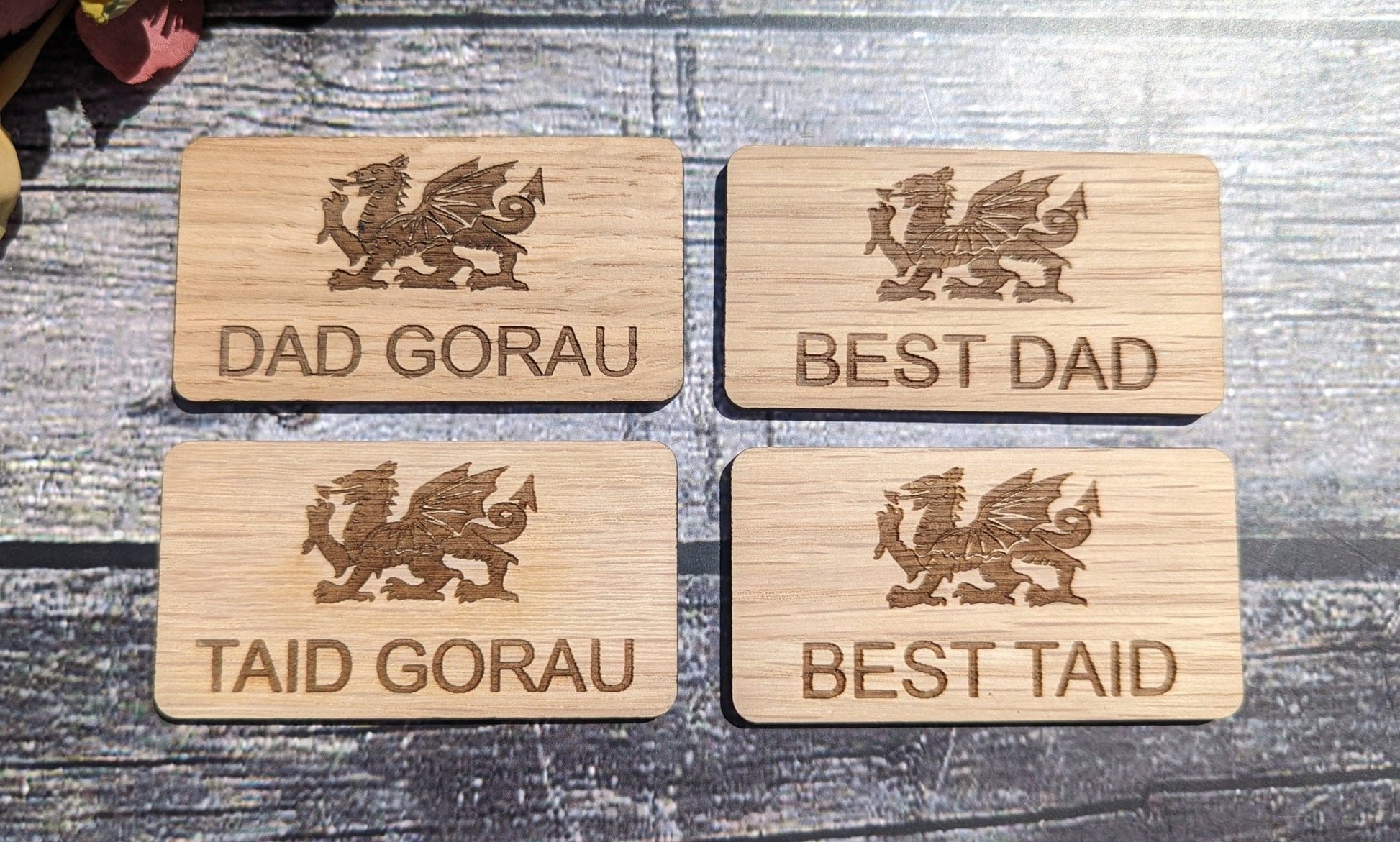 Fun Welsh Wooden Name Badges | Best Dad, Best Taid, Dad Gorau, Taid Gorau - CherryGroveCraft