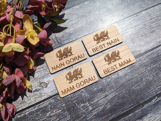 Fun Welsh Wooden Name Badges | Best Mam, Best Nain, Mam Gorau, Nain Gorau - CherryGroveCraft