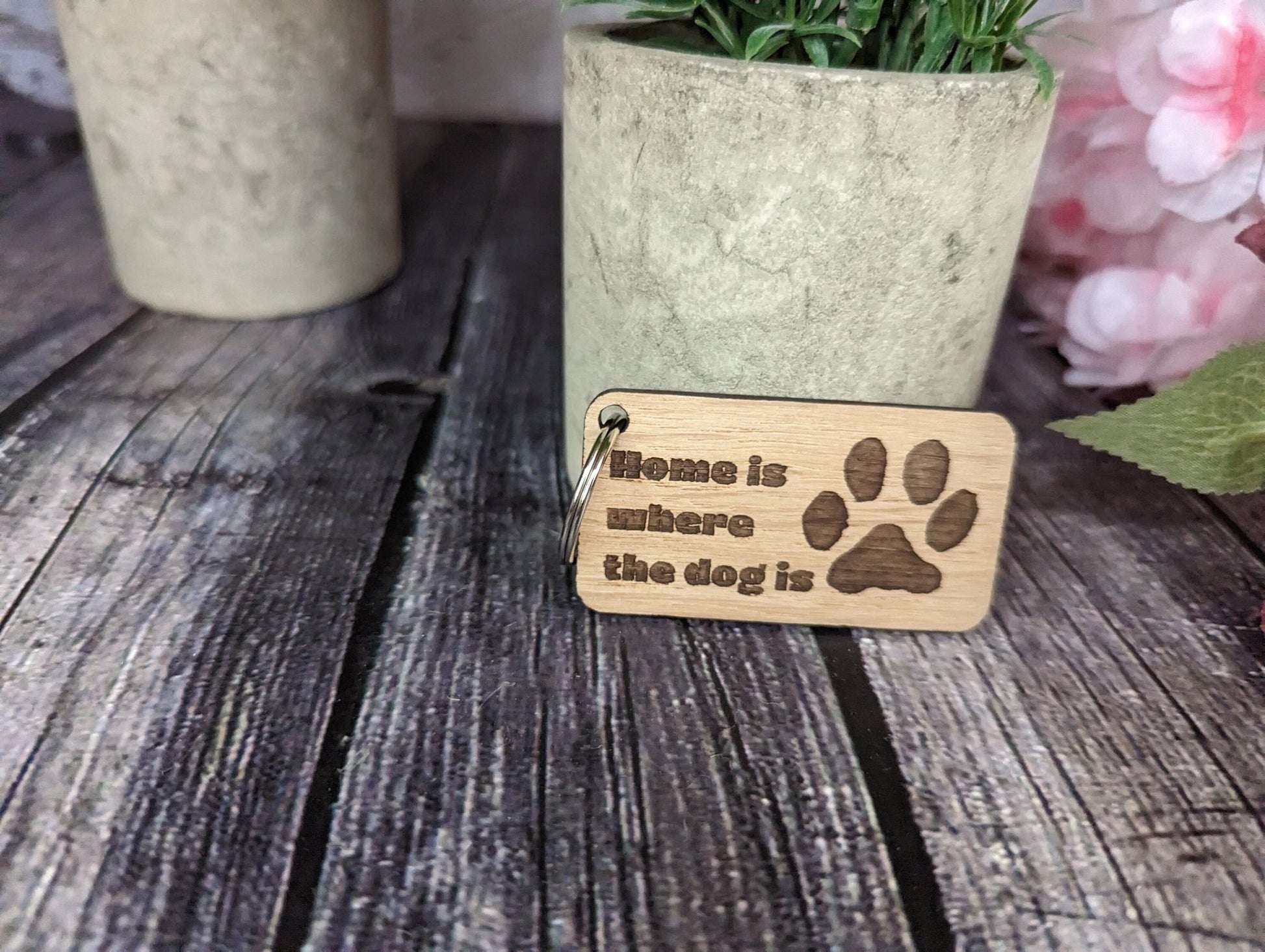 Handcrafted Oak Veneer Keyring 'Home is Where the Dog Is', Sustainable Dog Lover's Accessory, Thoughtful Gift for Pet Owners & Canine Lovers - CherryGroveCraft