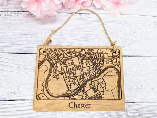 Handcrafted Wooden Map Wall Art of Chester, UK - Unique Home Decor or Thoughtful Gift - 4 Sizes Available - Customisable - CherryGroveCraft