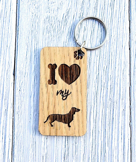 I love my Dachshund Wooden Keyring | Oak Dog Keychain | Gift For Dachshund Parent | Doggy Key Tag Gift - CherryGroveCraft