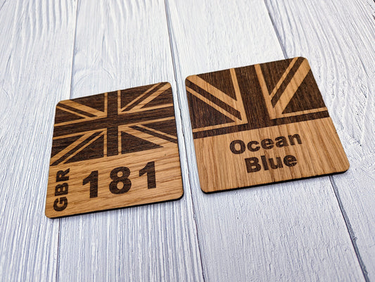 Personalised Sailing Coasters, Your Boat Name OR Sail Number & Union Jack Flag, 6 Oak Veneered Sailing Coasters